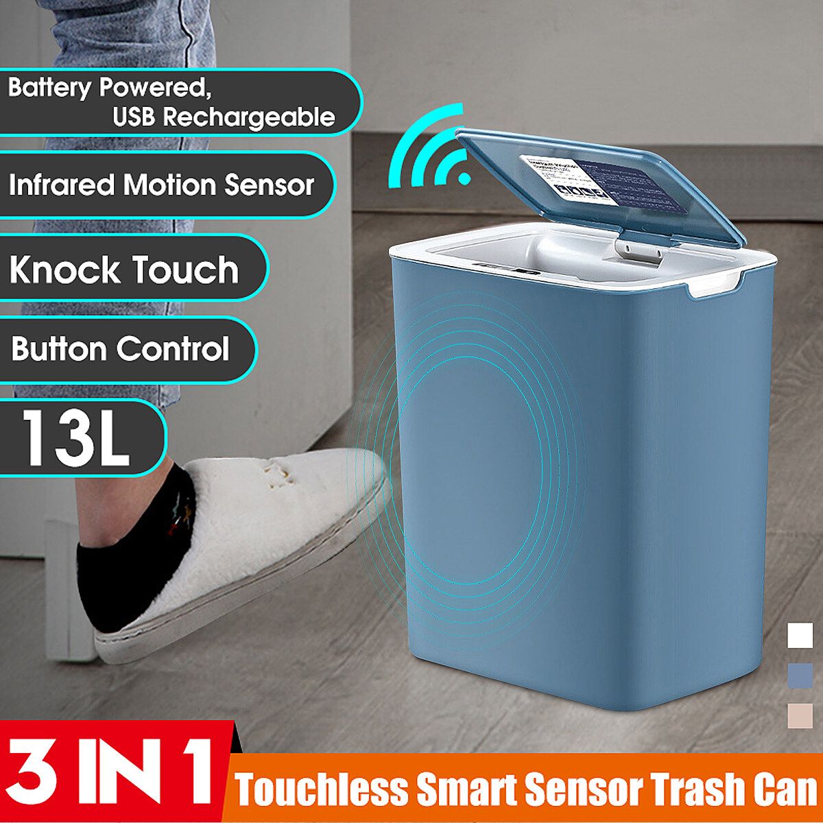 3IN1 13L Smart Touch-free Motion/Knock/Touch Sensor Dustbin Rubbish Waste Pink USB Rechargeable