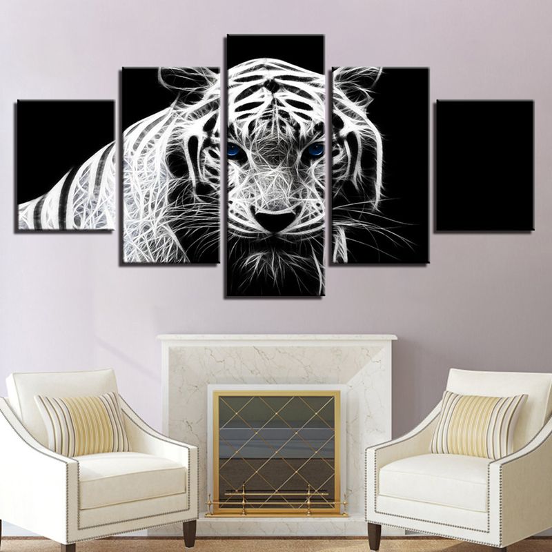 5PCS Modern Home Bedroom Wall HD White Tiger Art Picture Spray Painting Canvas