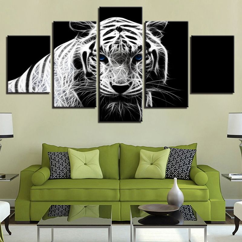 5PCS Modern Home Bedroom Wall HD White Tiger Art Picture Spray Painting Canvas