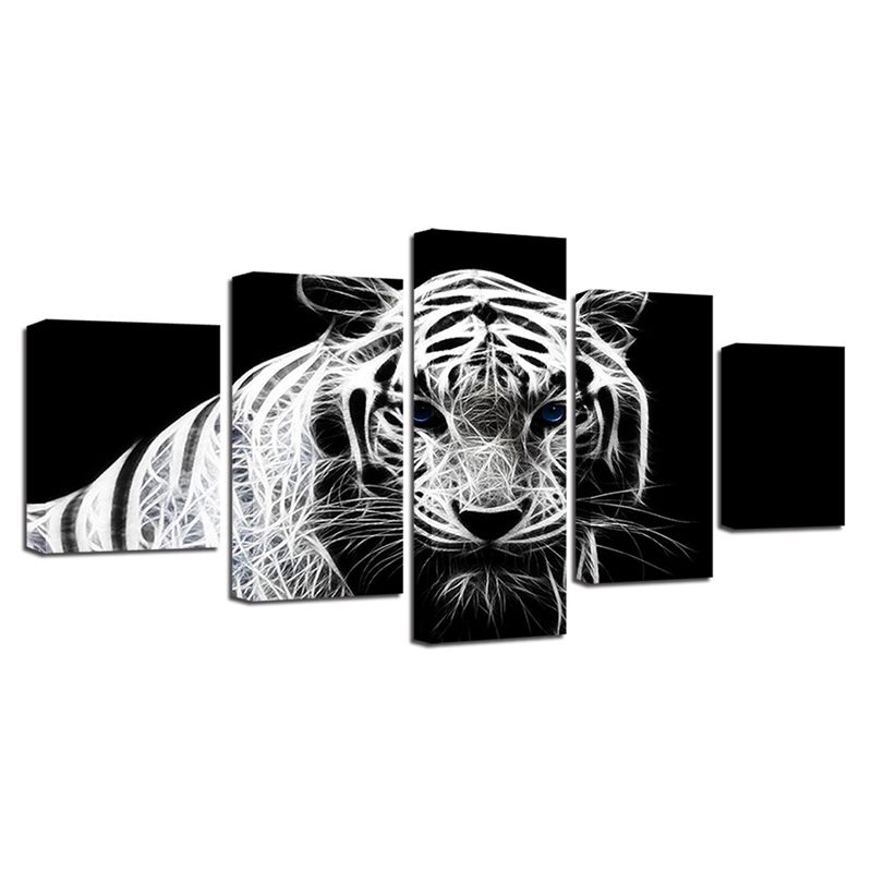 5PCS Modern Home Bedroom Wall HD White Tiger Art Picture Spray Painting Canvas