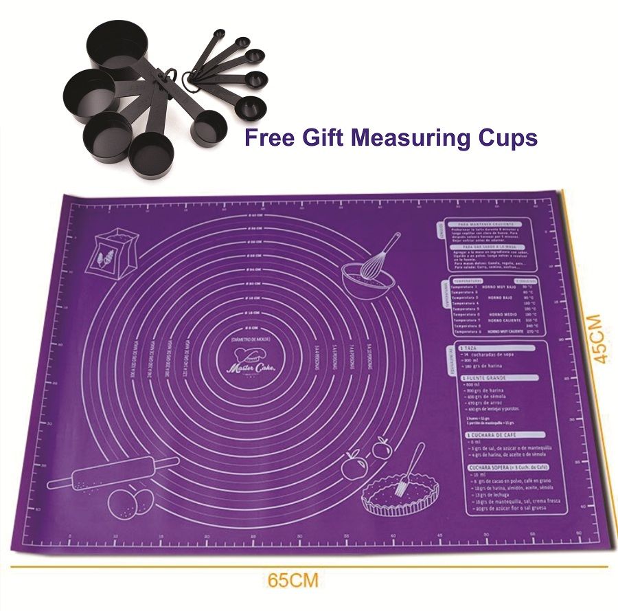 65X45CM Non Stick Cake Fondant Rolling Mat/Cake Silicone Mat+ 10 In 1 Free Measuring Cups