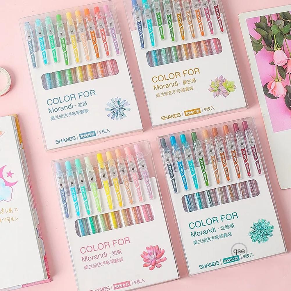 9PCS Morandi Color Press-Type Pen Set Portable Soomthly Ink