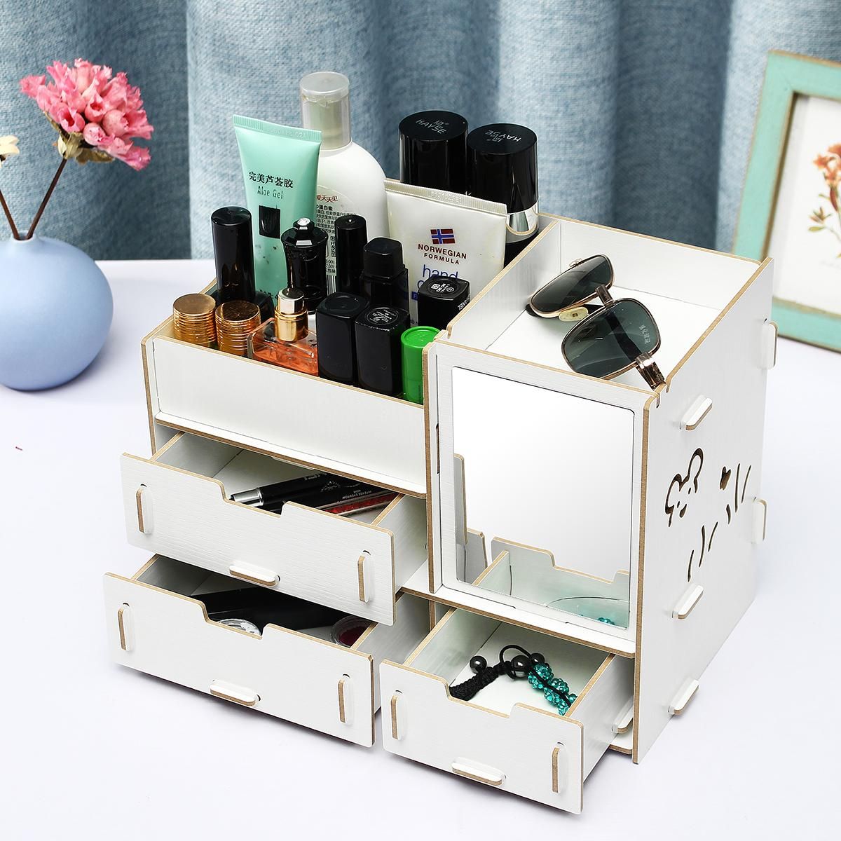 Drawer DIY Wooden Makeup Storage Display Box 3 Drawers Jewelry Cosmetics Holder-white