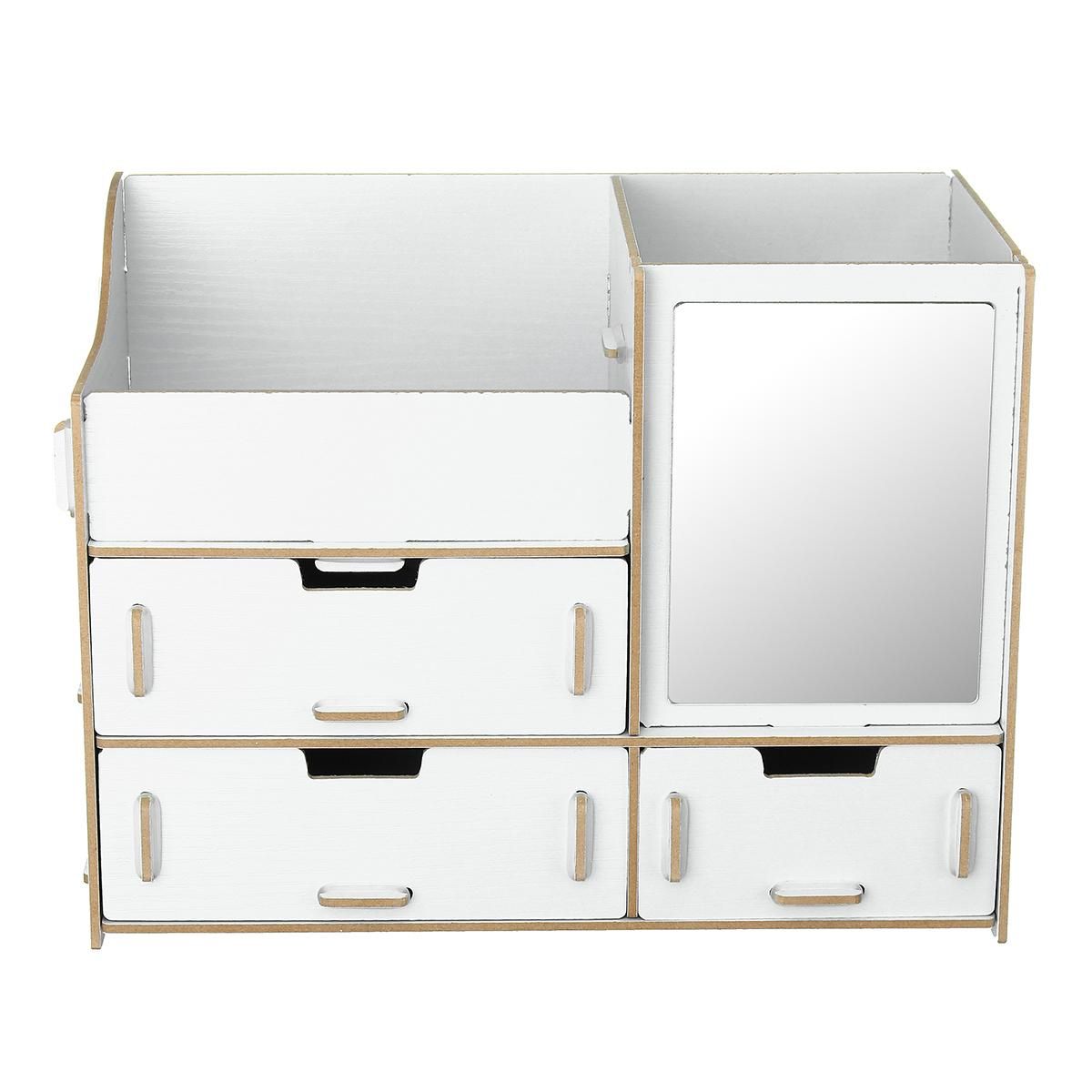 Drawer DIY Wooden Makeup Storage Display Box 3 Drawers Jewelry Cosmetics Holder-white