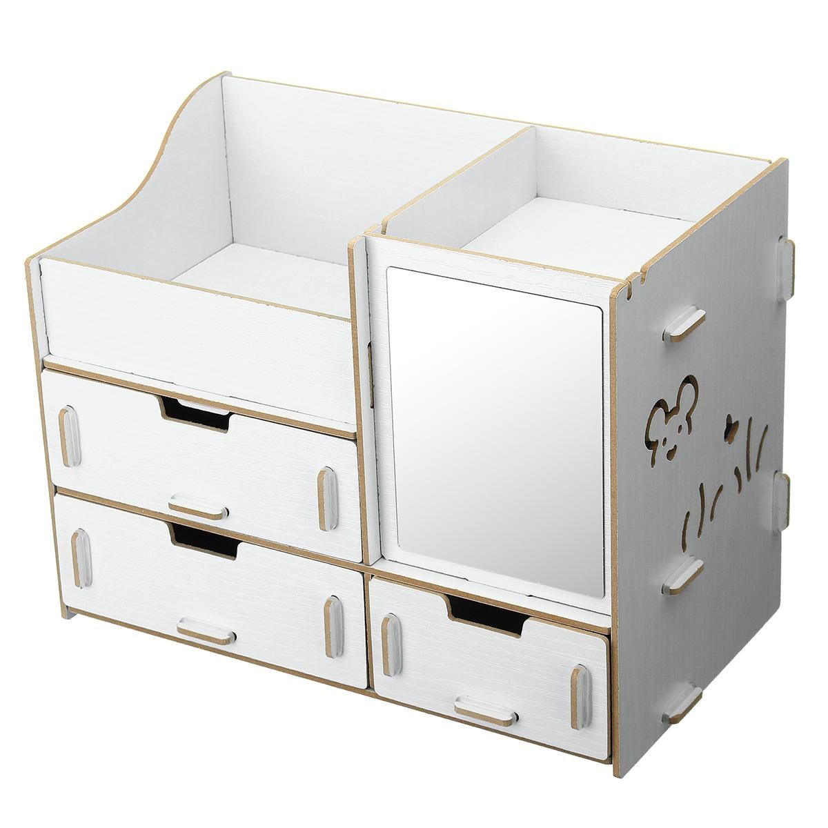 Drawer DIY Wooden Makeup Storage Display Box 3 Drawers Jewelry Cosmetics Holder-white