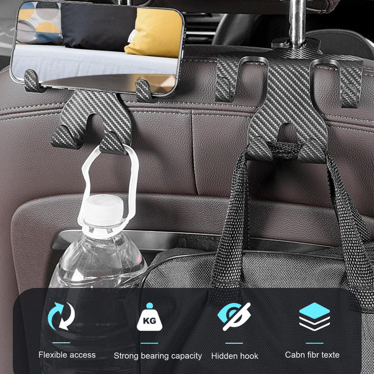Car Seat Hanger Carbon Fiber Car Seat Hooks Neat Organized for Purses Black