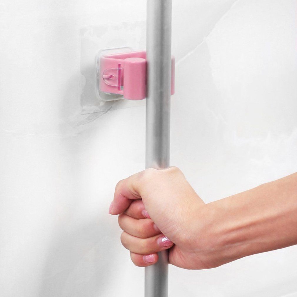 Multi-functional Practical Kitchen Wall Mounted Mop Holder Hanger Rack Hooks-pink