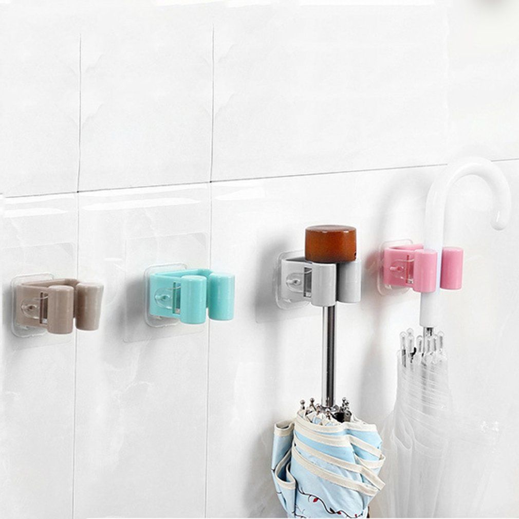 Multi-functional Practical Kitchen Wall Mounted Mop Holder Hanger Rack Hooks-pink