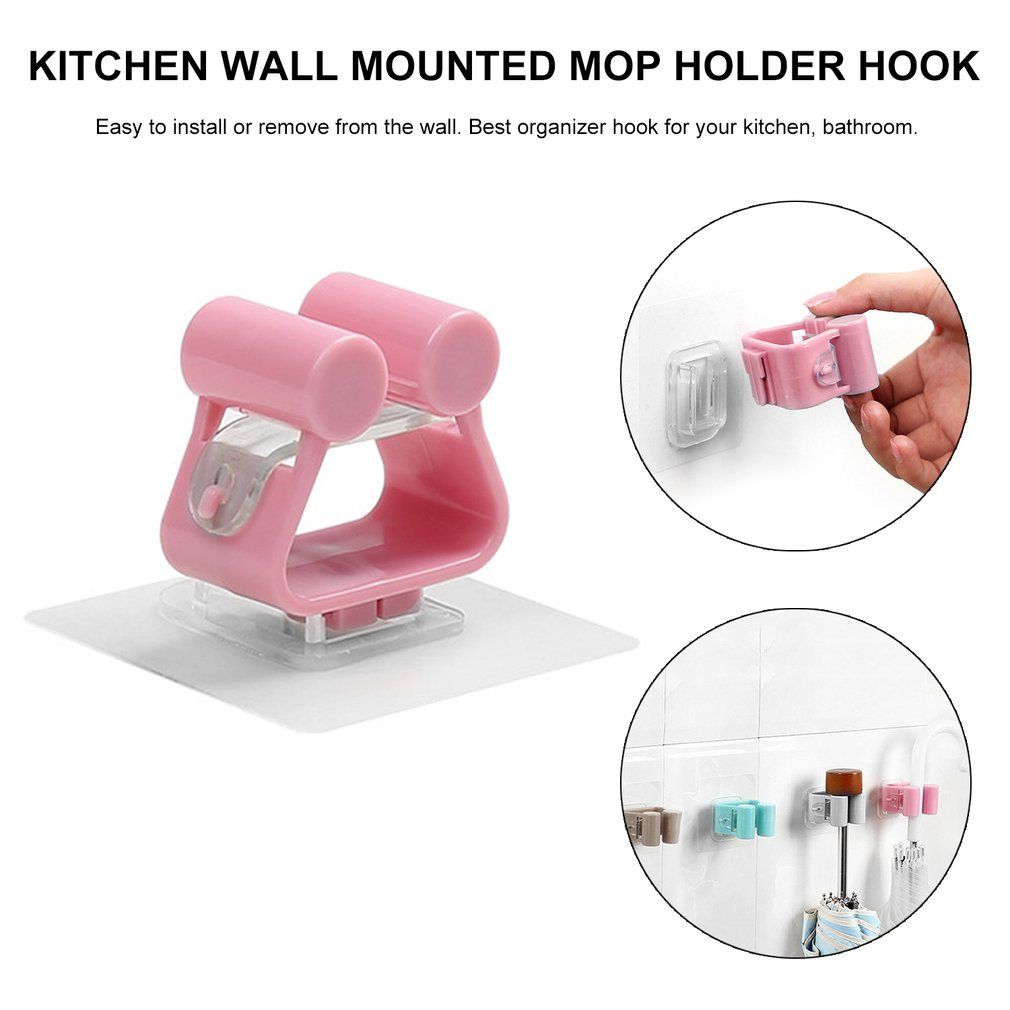 Multi-functional Practical Kitchen Wall Mounted Mop Holder Hanger Rack Hooks-pink