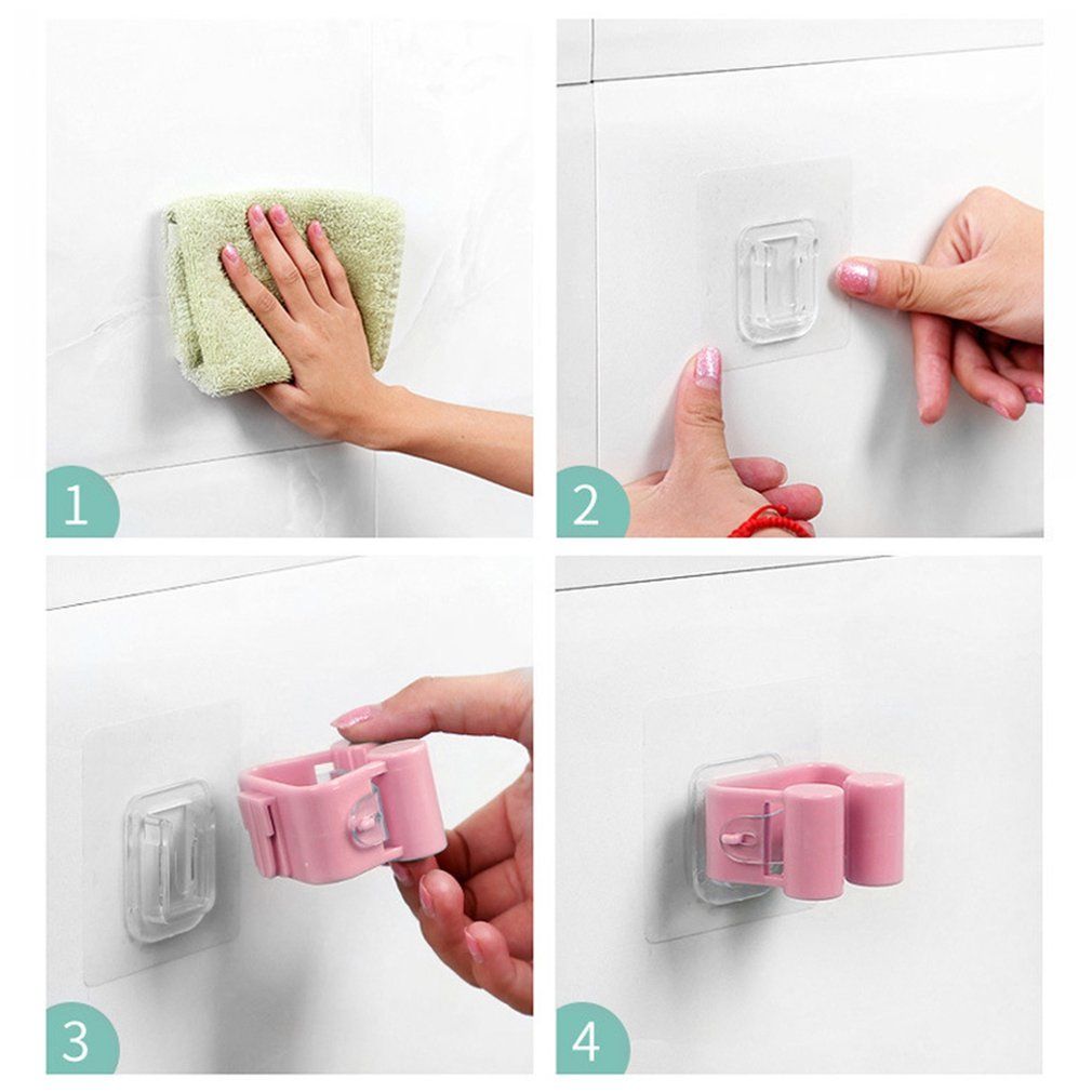 Multi-functional Practical Kitchen Wall Mounted Mop Holder Hanger Rack Hooks-pink