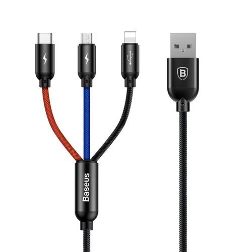 Baseus 3.5A Fast Charging Code Color Braided Cord 3 In 1 Micro USB + 8 Pin + Type-C Charging Cable, Cable Length: 1.2m, For IPhone, Galaxy, Huawei, Xiaomi, LG, HTC And Other Smart Phones