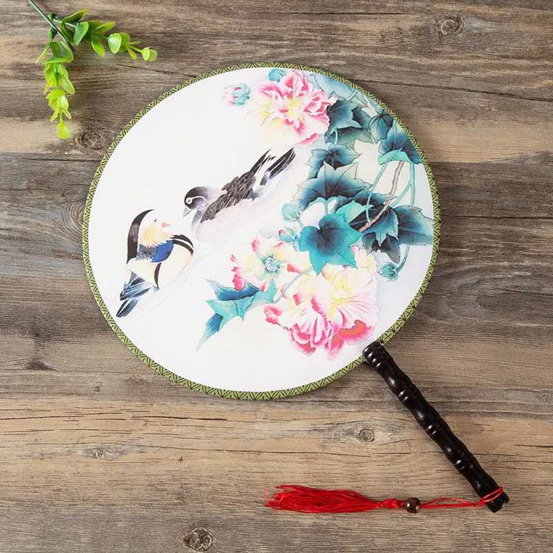 Fan Decorative Chinese Handle Ladies Large Big 24cm Silk Round Circle Costume Fan Dance Fan Hand Antique Printed Double
