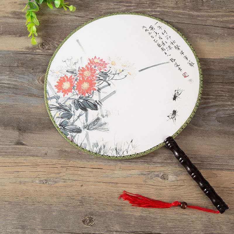 Double Circle Printed Handle Chinese Big Fan Hand Fan Ladies Dance Silk Antique Decorative Costume Round 24cm Large Fan