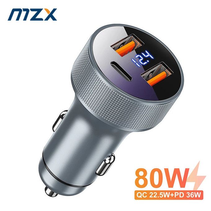 80W 3 Ports Car Charger Fast Quick Charge PD USB Type C Gray