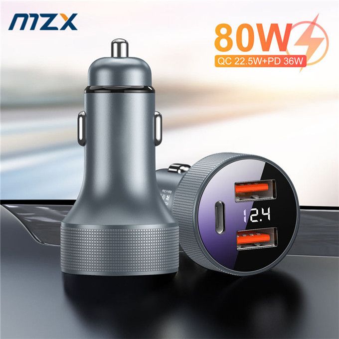80W 3 Ports Car Charger Fast Quick Charge PD USB Type C Gray