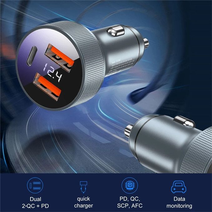 80W 3 Ports Car Charger Fast Quick Charge PD USB Type C Gray