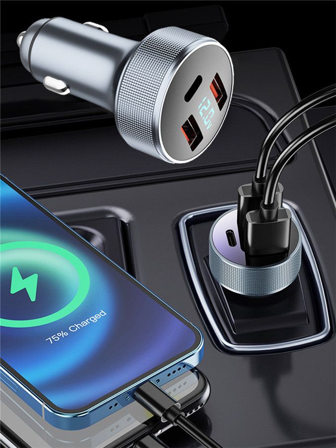 80W 3 Ports Car Charger Fast Quick Charge PD USB Type C Gray