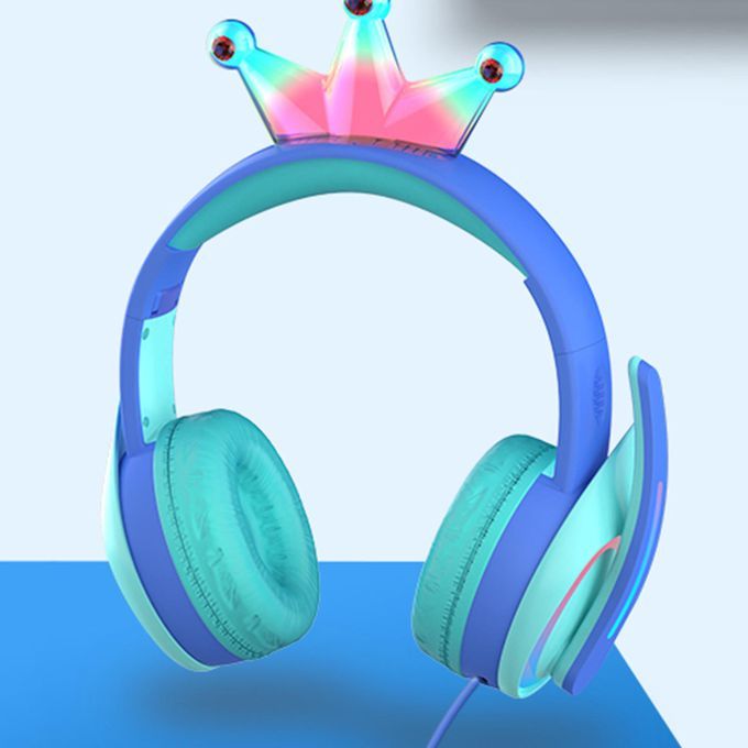 Compact Wired LED Crown Headset With Mic For Boys Girls Video Blue