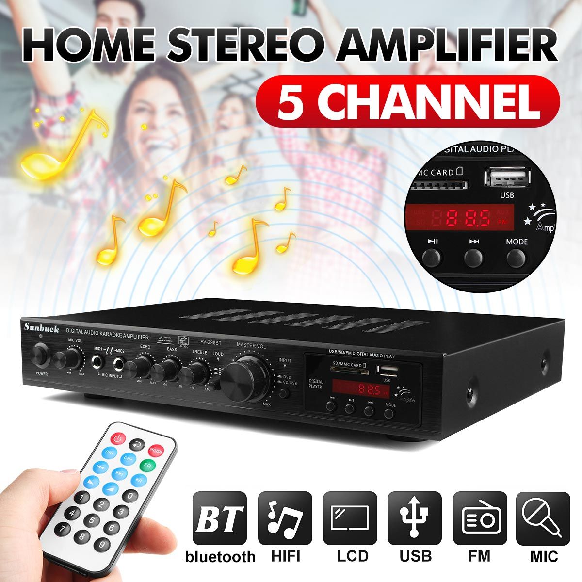 Sunbuck Bluetooth Digital Amplifier Stereo LED USB AV Power Surround 298 Resolution Amplificador Audio Player Subwoofer