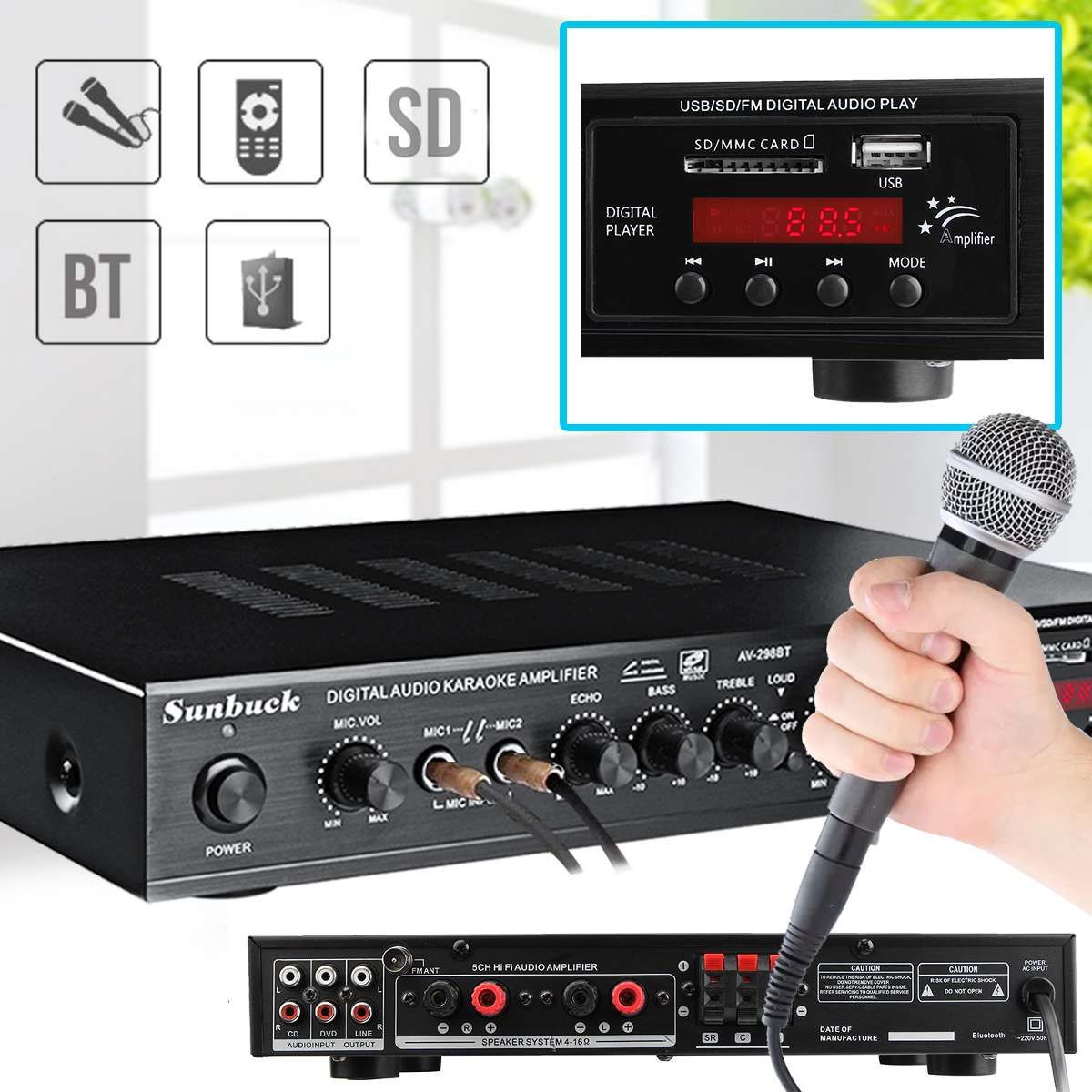 Sunbuck Bluetooth Digital Amplifier Stereo LED USB AV Power Surround 298 Resolution Amplificador Audio Player Subwoofer