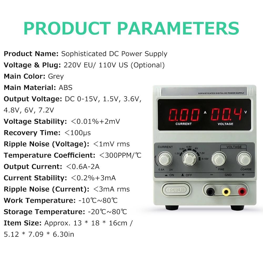 Bench DC Power Supply Variable 15V 2A Digital Display Adjustable Switching Regulated Power Supply for Mobile Phone Laptop Repair Maintenance