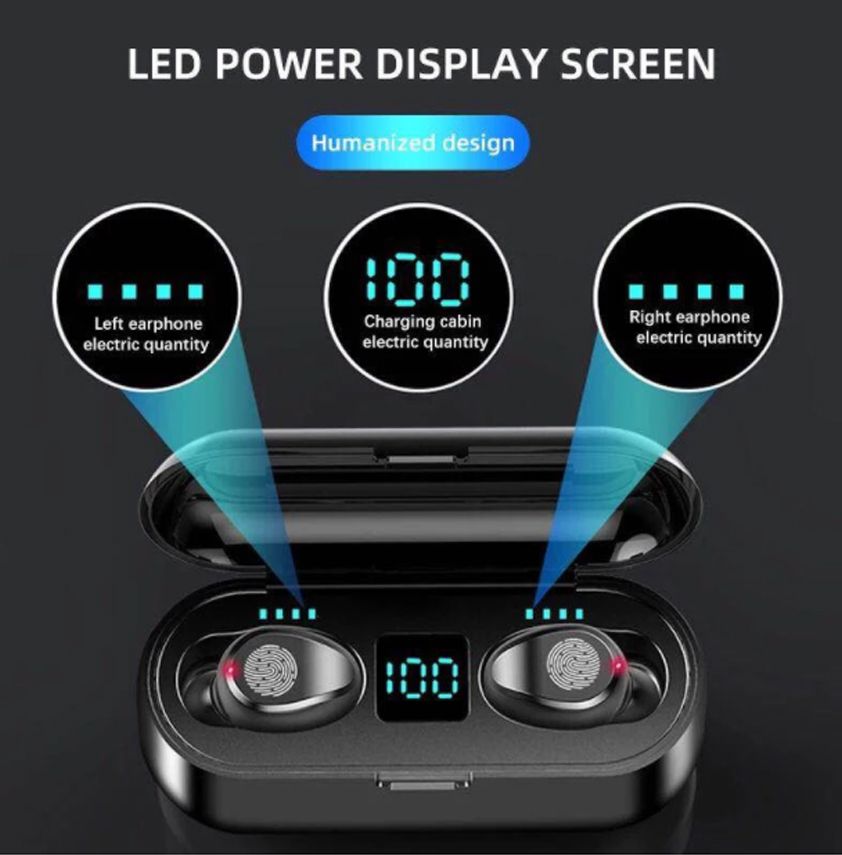 F9 Bluetooth Wireless Earphone With 2000mAh Battery Headset - Black Zw