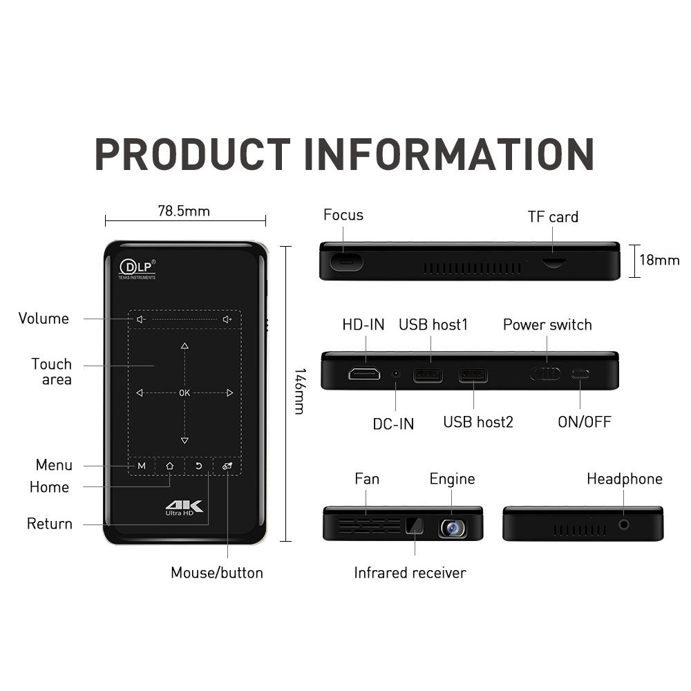 P9II Portable 4K Ultra HD DLP Mini Projector(Black)