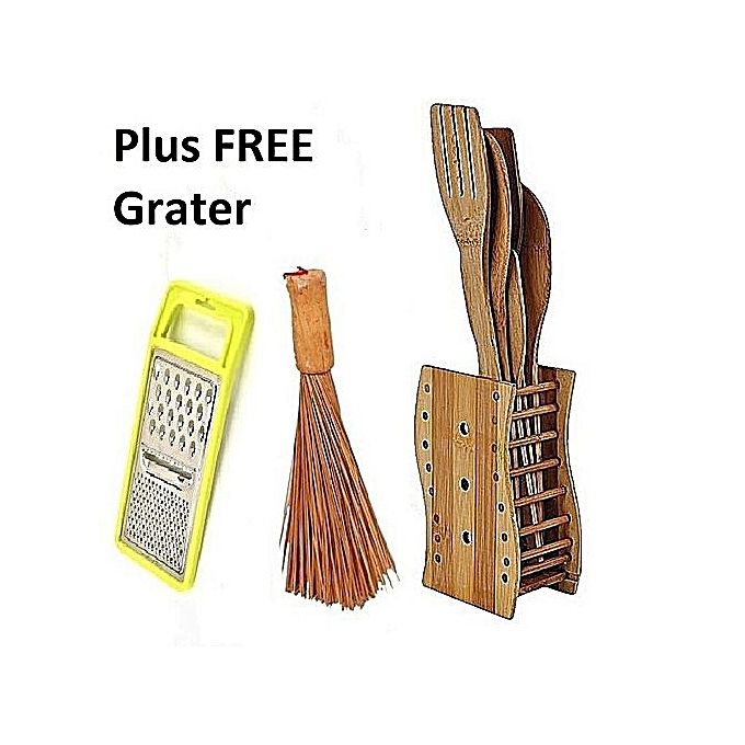 Wooden Spoons, Mesh (Ewedu) Broom & Free Grater-Cooking Set