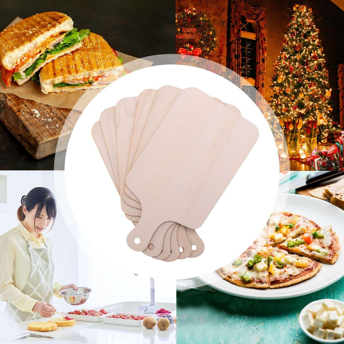 6 Pieces Christmas Mini Wooden Cutting Board with Handle Unfinished Wood Paddle Rectangle Chopping Board Tray Cutouts