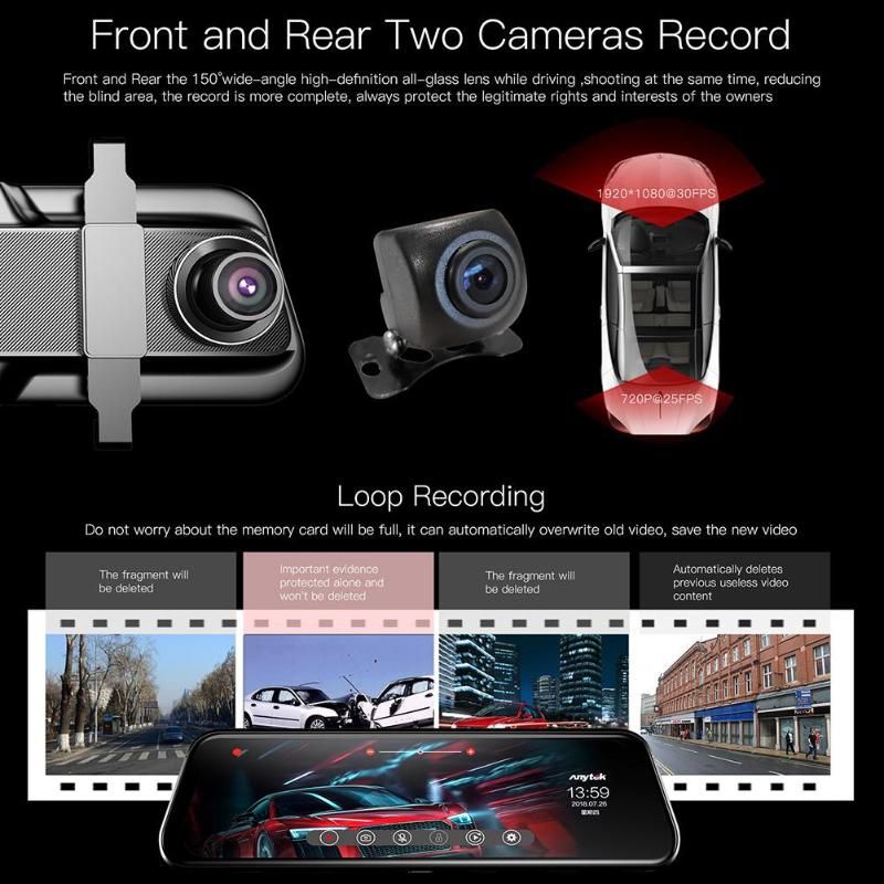 Anytek T12+ 9.66" Touch Screen Car DVR Camera FHD 1080P Rear View Mirror Dash Cam Dual Lens Video Recorder Night Vision Dashcam DJL
