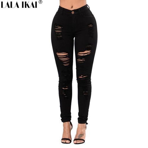 Ladies High Waist Ripped Skinny Jean- Black