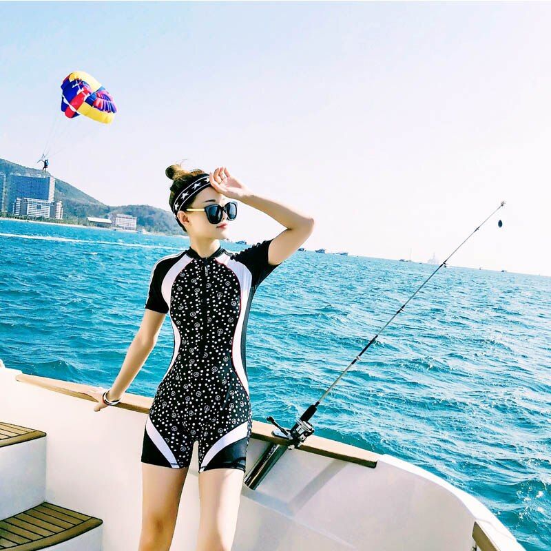Swimsuit Swimwear Sport Professional Neck To Knee Competition Zipper Swimsuit Racing Suit Women 81103(8801-Black)