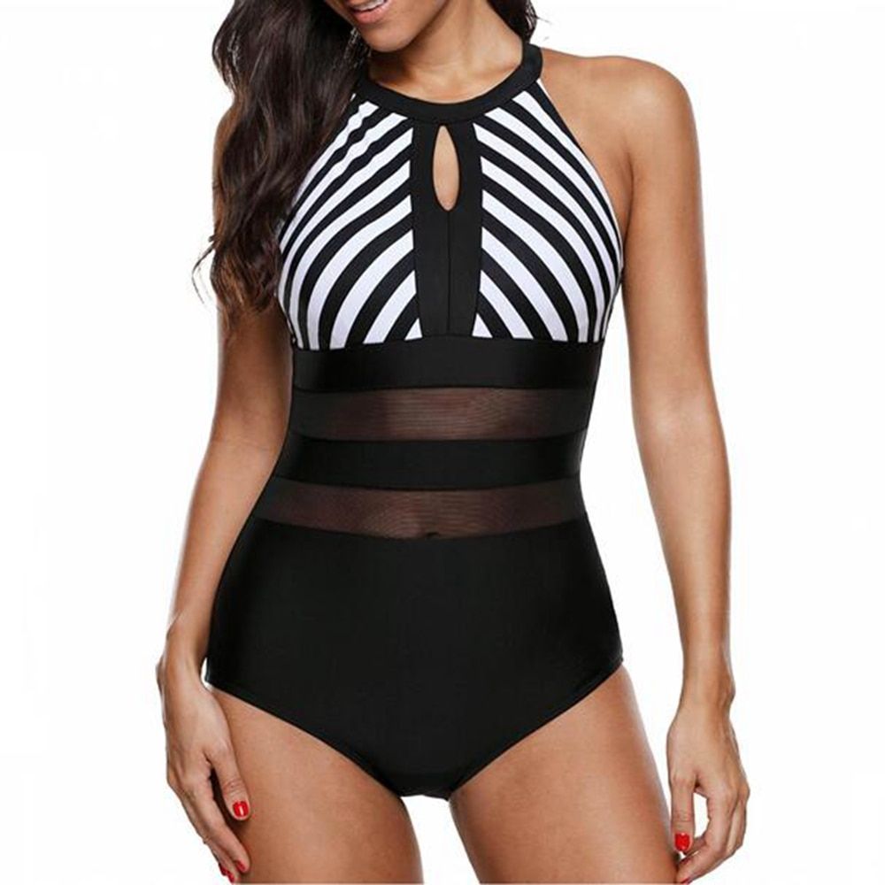 Panel Stripe Print Swimwear Black Halter One-piece Swimsuit Women Patchwork Bandage Size 5XL(Black)