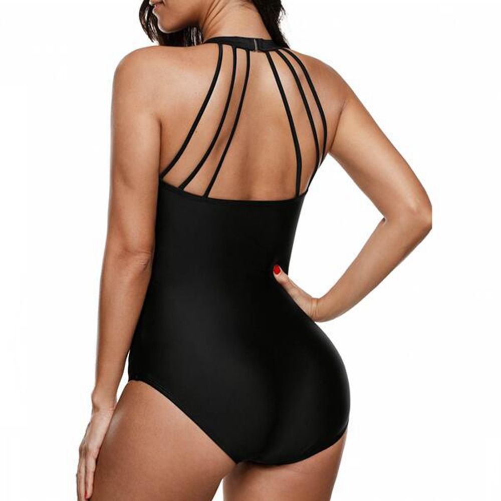 Panel Stripe Print Swimwear Black Halter One-piece Swimsuit Women Patchwork Bandage Size 5XL(Black)
