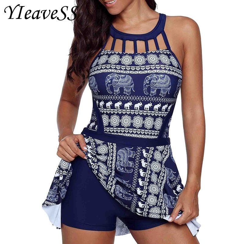 2019 New Plus Size Two Piece Women Swimwear High Waist Trunks Elephant Print Halter Swimsuit Swimming Bathing Suit S-5XL HLS
