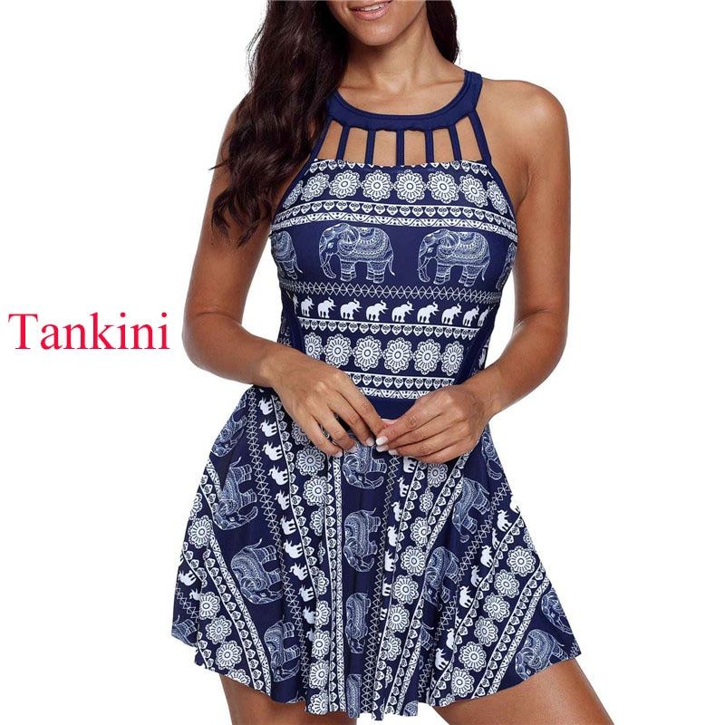 2019 New Plus Size Two Piece Women Swimwear High Waist Trunks Elephant Print Halter Swimsuit Swimming Bathing Suit S-5XL HLS