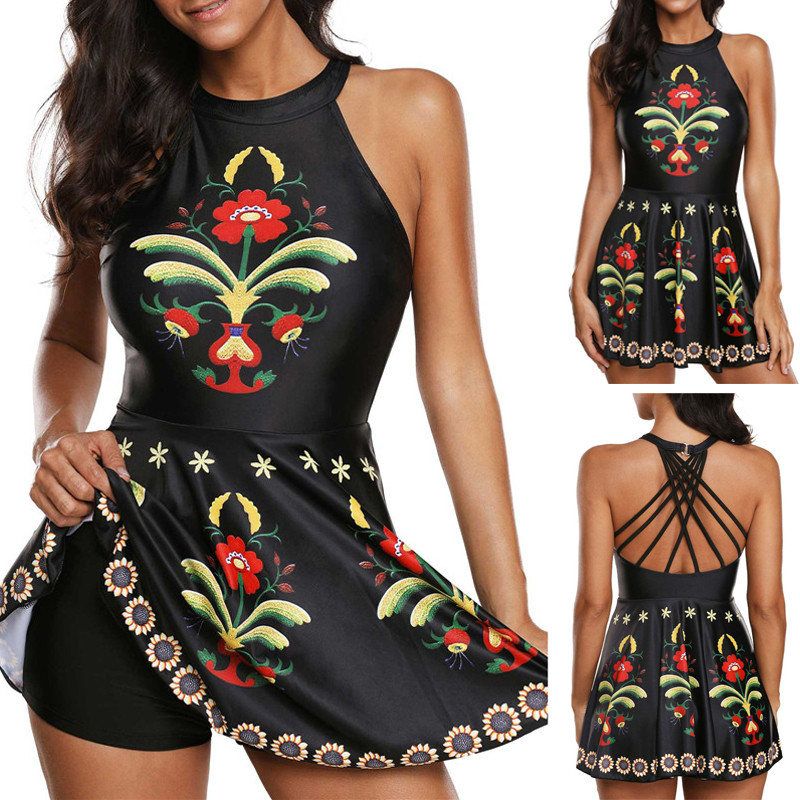 2019 New Plus Size Two Piece Women Swimwear High Waist Trunks Elephant Print Halter Swimsuit Swimming Bathing Suit S-5XL HLS