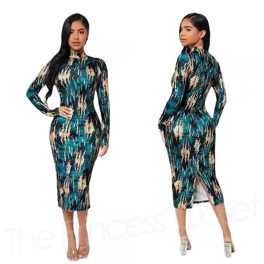D21 Office Lady Classy Party Long Sleeve Dress-Multicolor