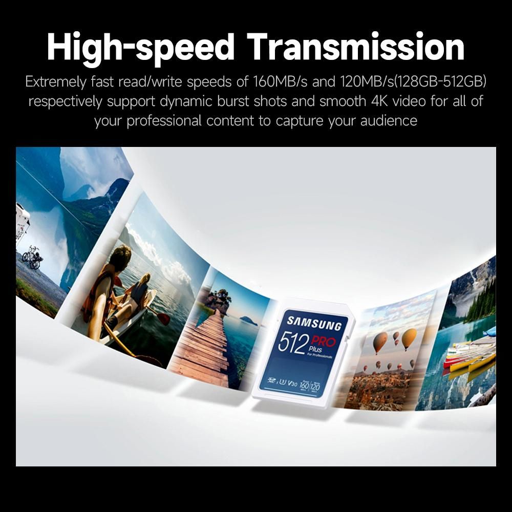 SAMSUNG 512GB PRO Plus High-speed SD Card U3 V30 Speed Level up to 160MB/s Read Speed for Digital Camera Motion Camera Laptop