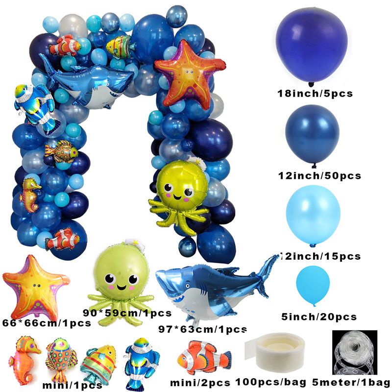 Sea Animal Foil Balloon Cartoon Under The Sea Shark Octopus Baby Shower Birthday Party Wedding Decoration Ocean Theme Arch Decor 101pcs Arch Set