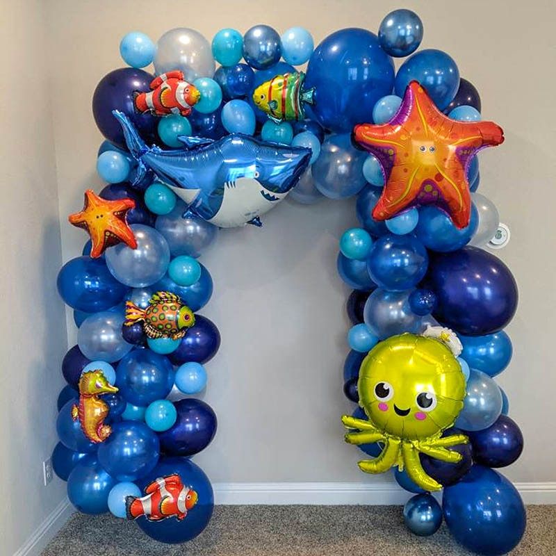 Sea Animal Foil Balloon Cartoon Under The Sea Shark Octopus Baby Shower Birthday Party Wedding Decoration Ocean Theme Arch Decor 101pcs Arch Set