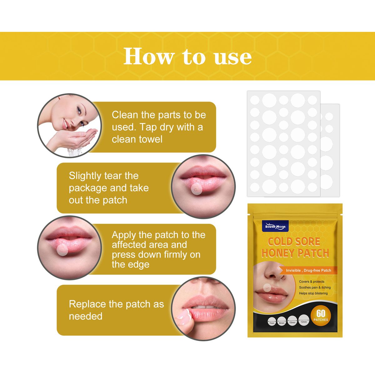 60Pcs Cold Sore Honey Patch Soothe Itching Pain Burning