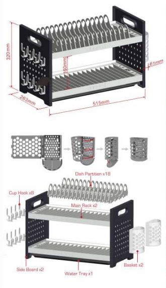 New Rustless 2Tier Plastic Dish Drainer Plate Rack Plus