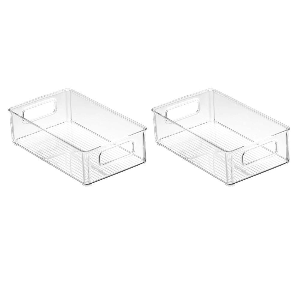 2Pcs Refrigerator Organizer Bins Stackable Fridge Organizers with Cutout Handles Clear Plastic Pantry Food Storage Rack