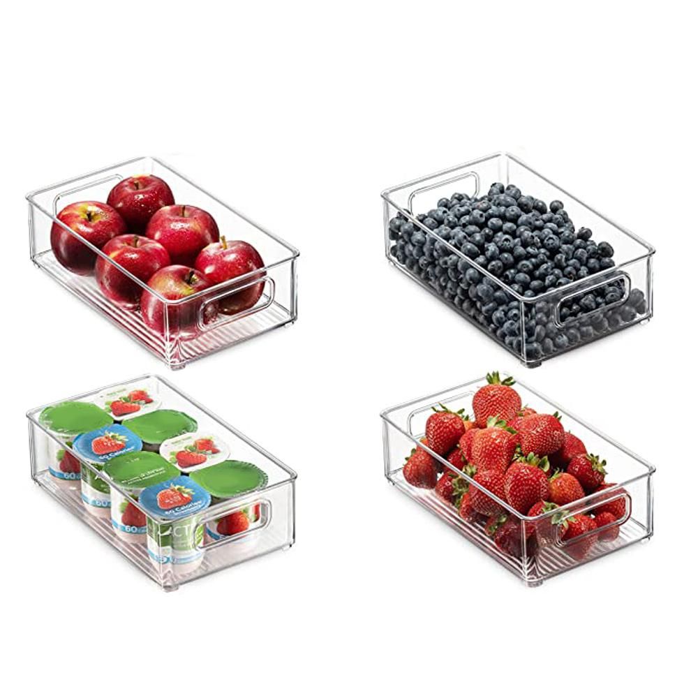2Pcs Refrigerator Organizer Bins Stackable Fridge Organizers with Cutout Handles Clear Plastic Pantry Food Storage Rack