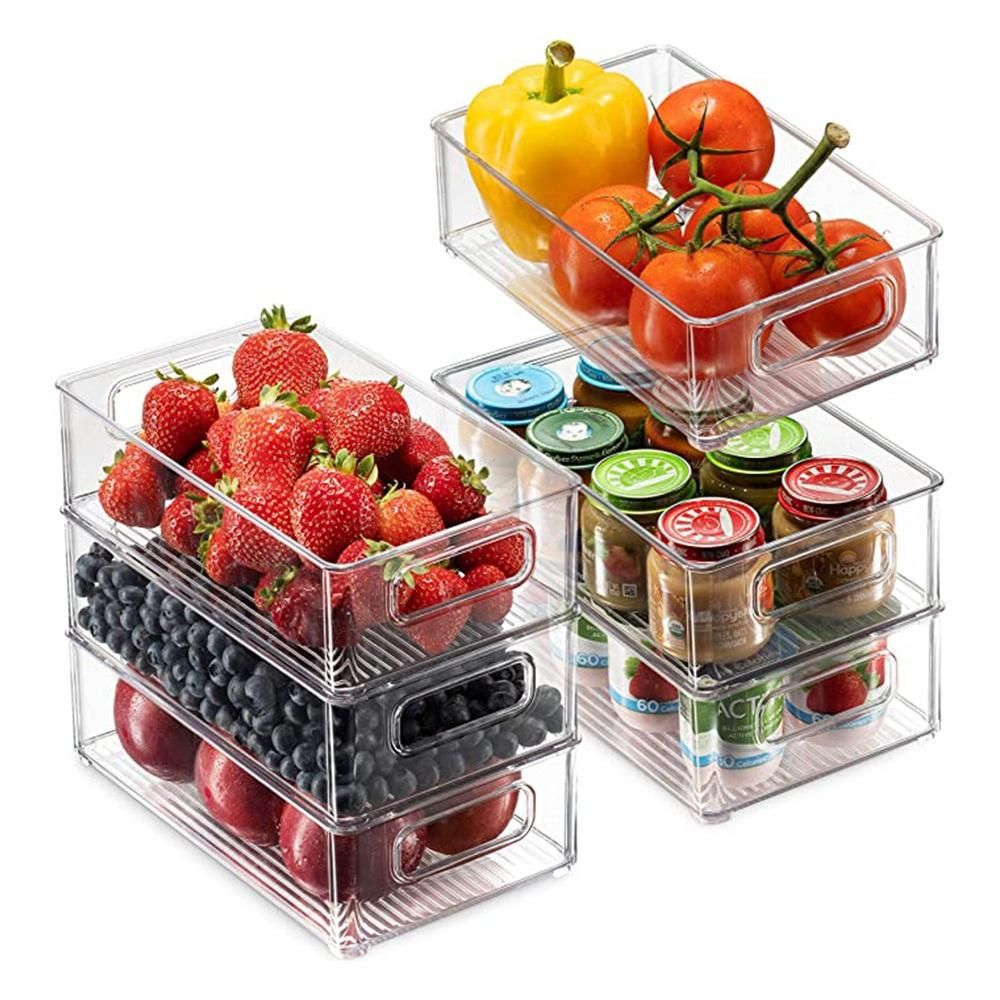 2Pcs Refrigerator Organizer Bins Stackable Fridge Organizers with Cutout Handles Clear Plastic Pantry Food Storage Rack