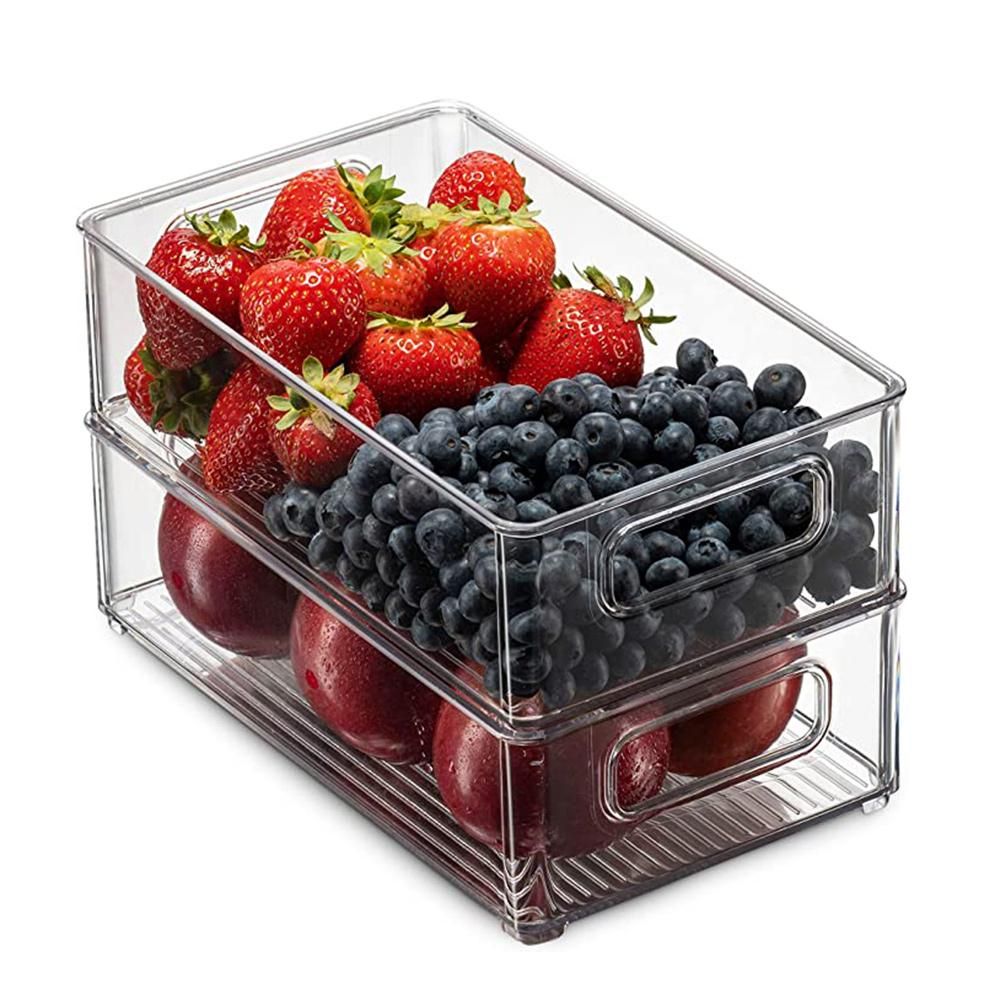 2Pcs Refrigerator Organizer Bins Stackable Fridge Organizers with Cutout Handles Clear Plastic Pantry Food Storage Rack