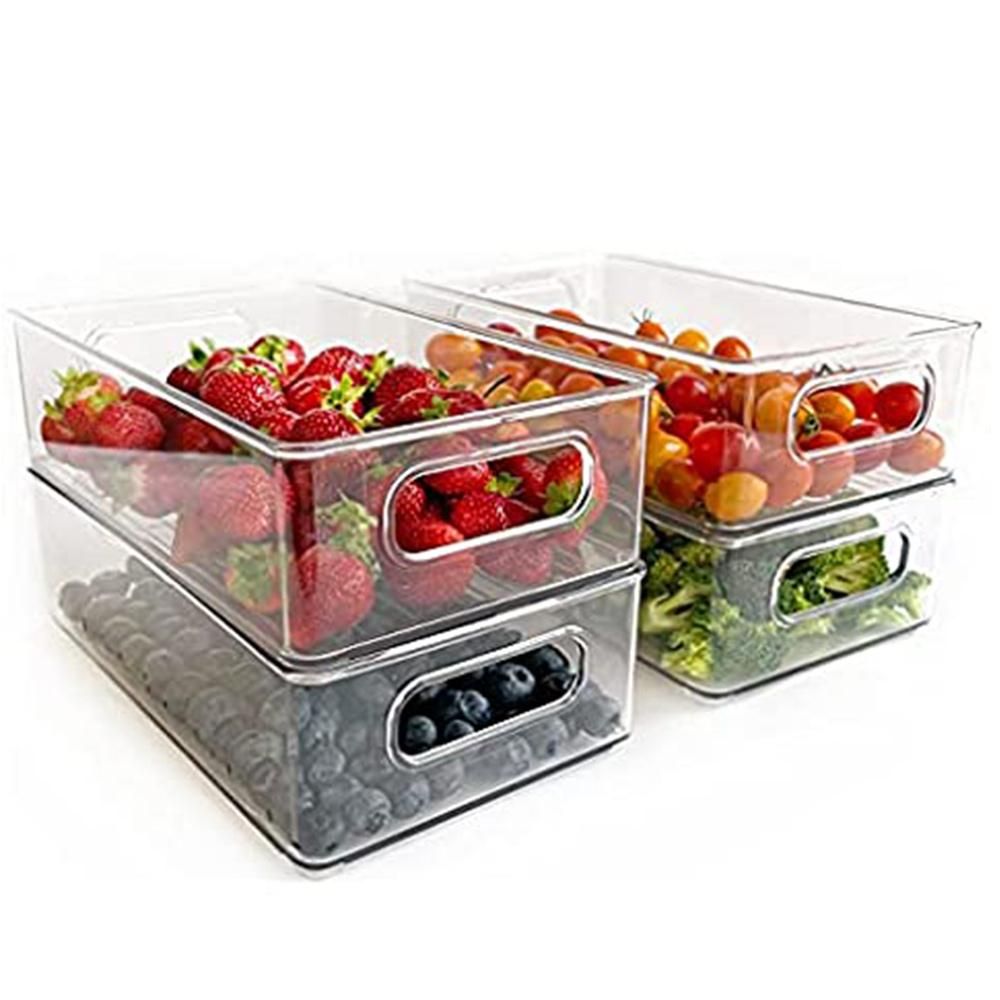 2Pcs Refrigerator Organizer Bins Stackable Fridge Organizers with Cutout Handles Clear Plastic Pantry Food Storage Rack