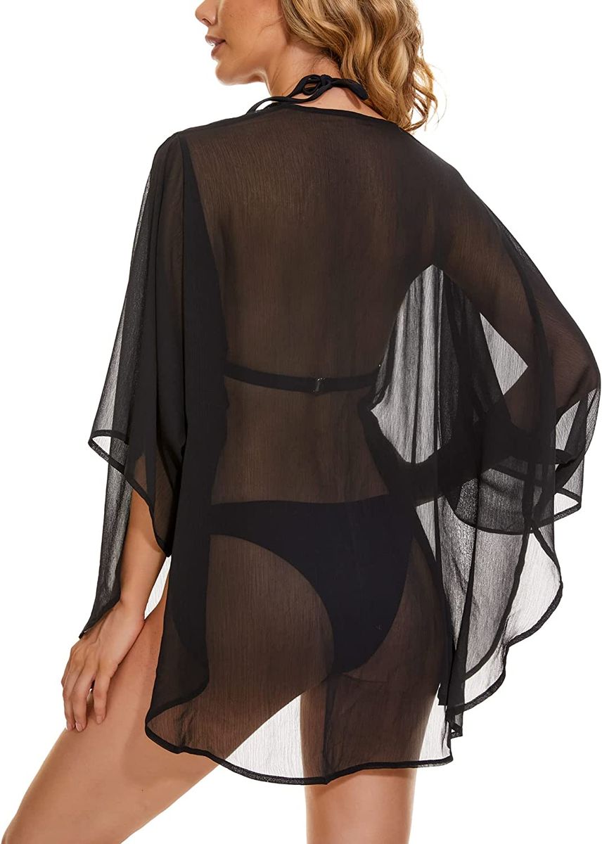 Black Light Weight Open Front Kimono Jacket Women Cover Up Swim Top Blouse Shirt