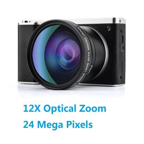 Lightdow 4.0" IPS Touch Screen 24MP 12X Optical Zoom F3.2-6.5 Digital Camera Video Recorder With 52mm Wide Angle +Macro Lens CHSMALL